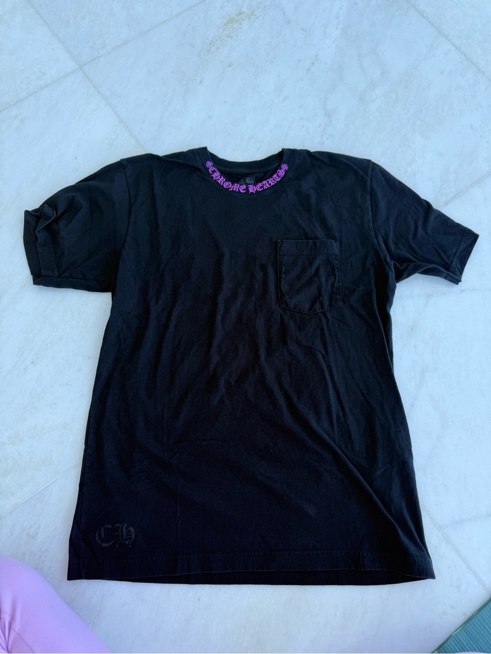 Chrome Hearts Black Short Sleeve Pocket Tee with Purple Neck Logo
